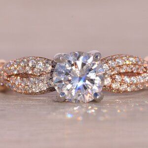 Signed Round Brilliant Cut Natural Diamond Engagement Ring in Rose Gold